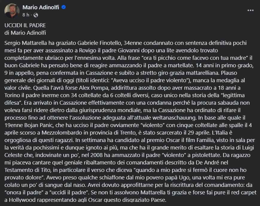 Mario Adinolfi, Facebook, uccidi il padre